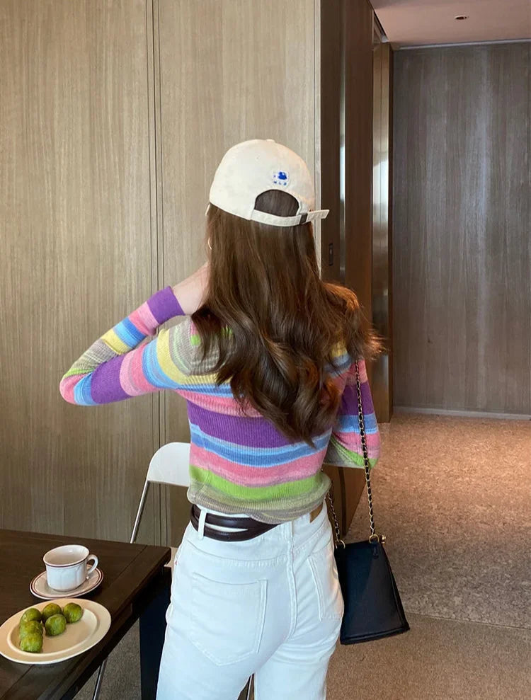 Korean Style Striped Long Sleeve Top - Women's Slim Fit T-Shirt