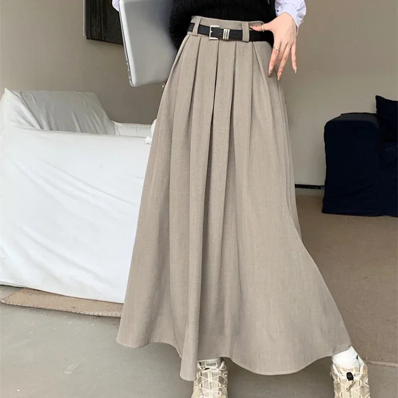 Korean Style Pleated Midi Skirt - A-Line High Waist Swing Skirt for Women