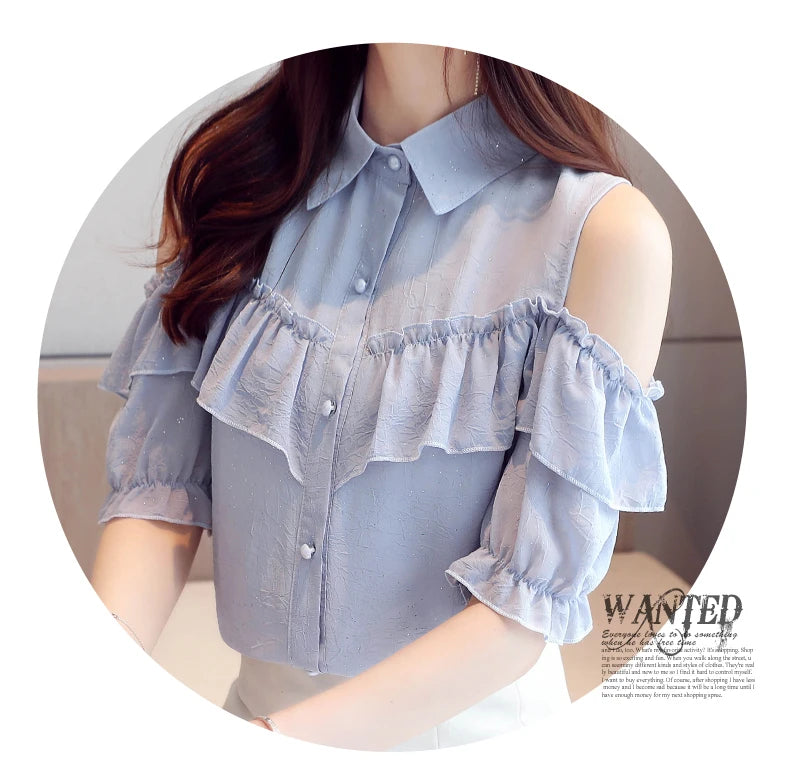 Korean Style Off-Shoulder Chiffon Blouse - Ruffle Sleeve Summer Top