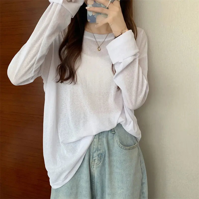Korean Style Mesh Long Sleeve Cover Up Top
