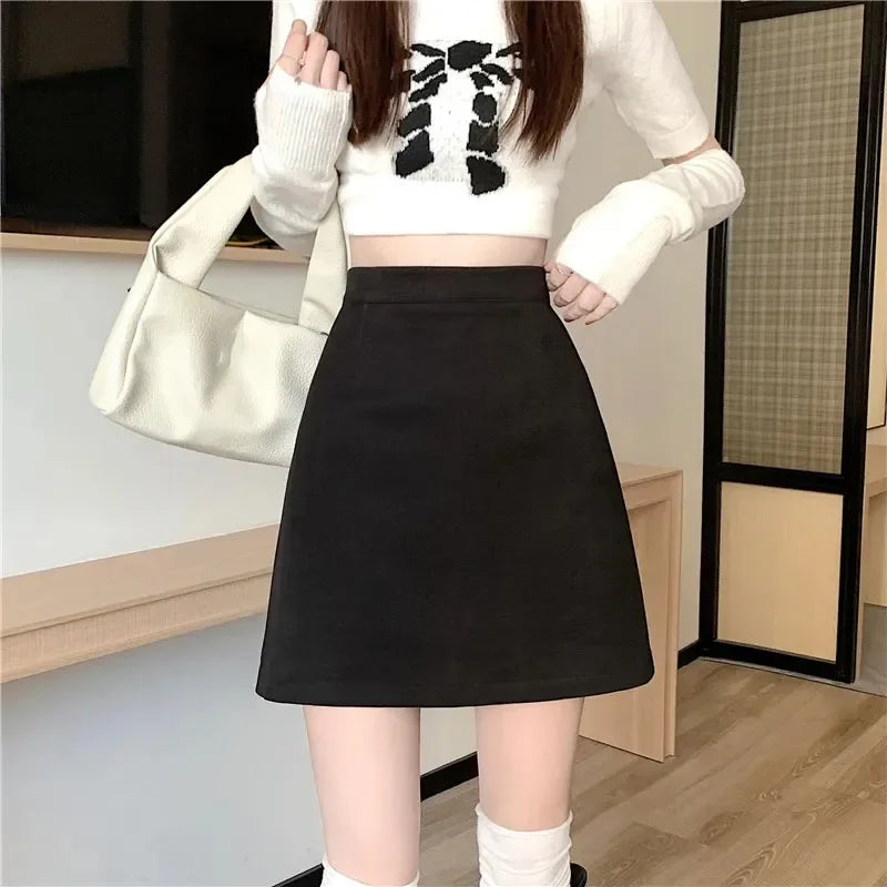 Korean Style High Waist Woolen Mini Skirt - A-Line Bodycon Skirt with Zipper
