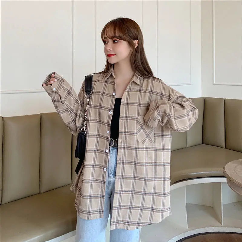 Korean Style Oversized Plaid Shirt - Women's Long Sleeve Button Up Blouse