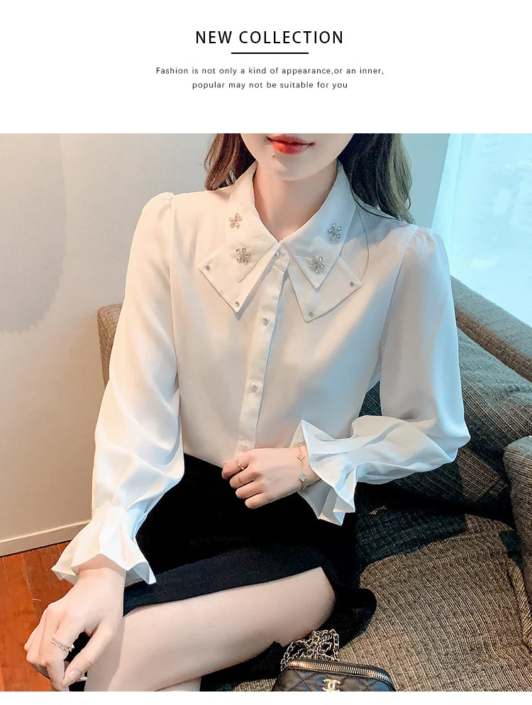 Korean Style Chiffon Blouse - Elegant Long Sleeve White Shirt for Women