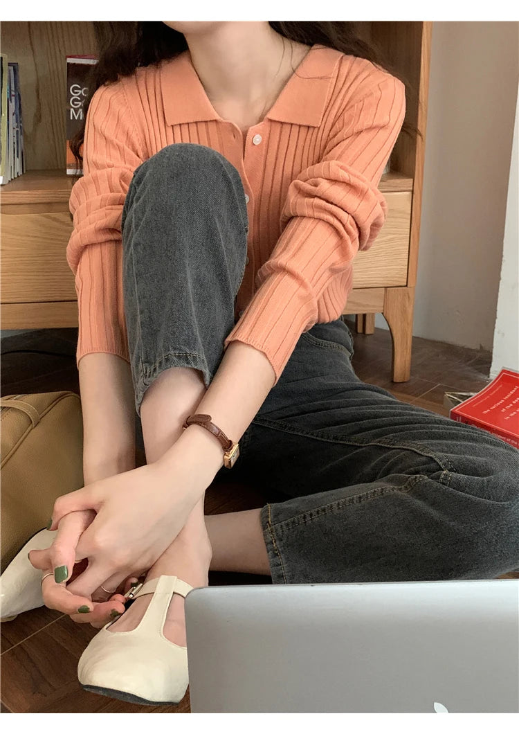 Korean Style Polo Collar Knit Cardigan - Women's Elegant Layering Sweater