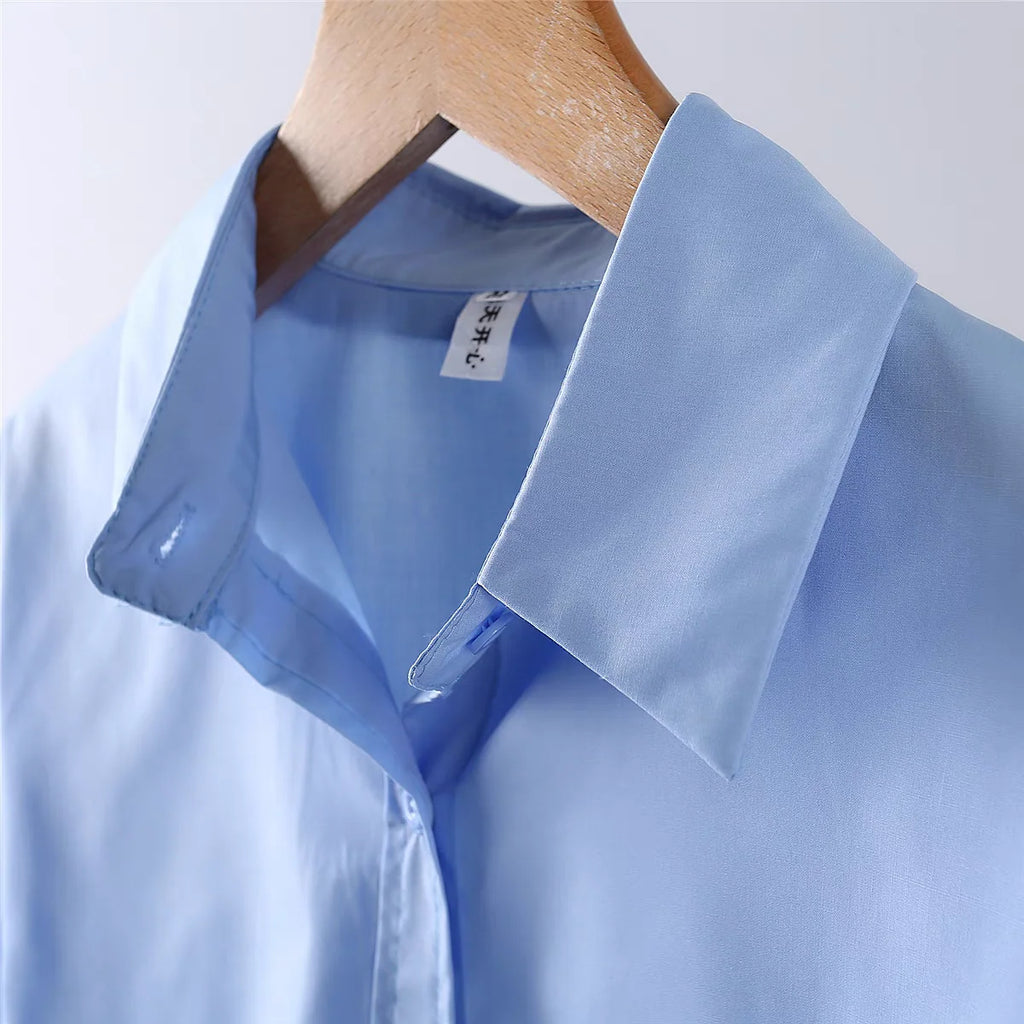 Korean Style Blue Shirt - Women's Long Sleeve Button-Up Blouse