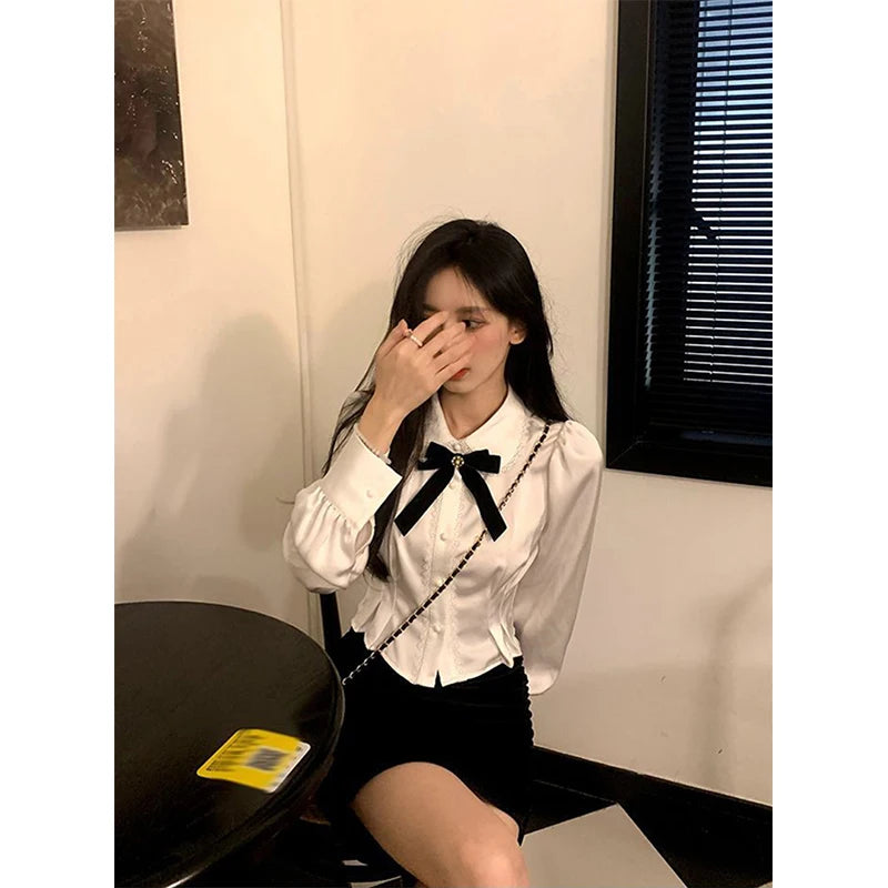 Korean Style White Lace Blouse - Elegant Peter Pan Collar Shirt with Bow Detail