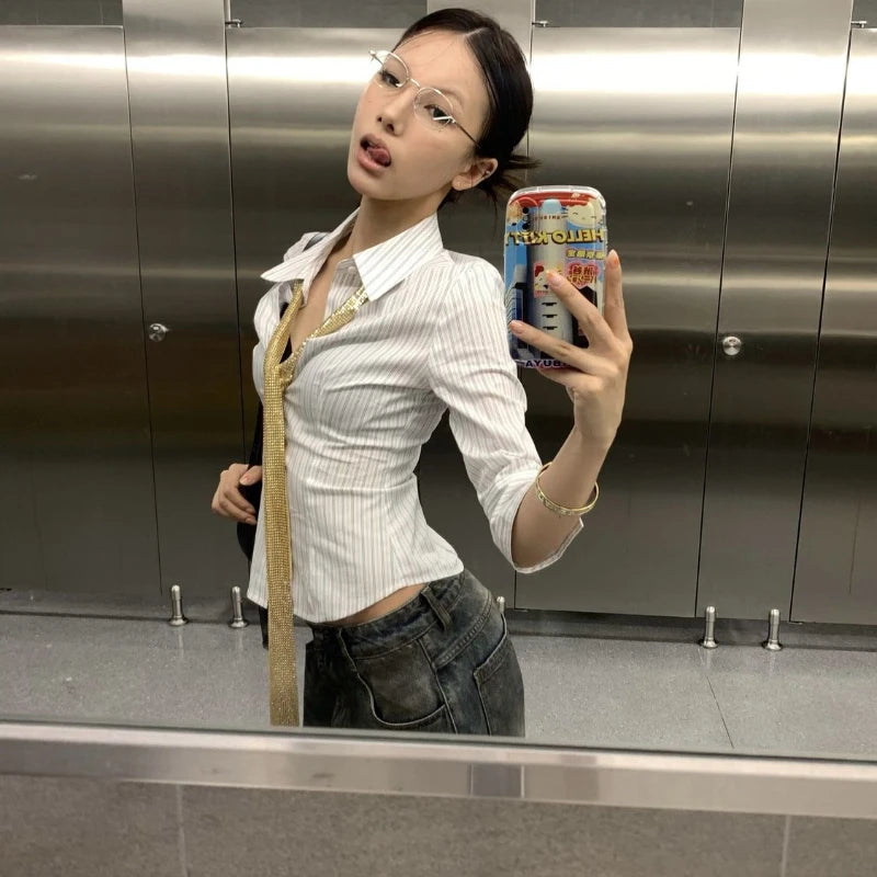 Korean Style Striped Shirt - Women's Half Sleeve Blouse