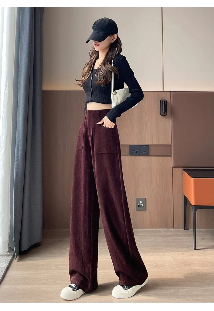 Korean Style High Waist Corduroy Wide Leg Trousers - Women's Vintage Casual Pants with Pockets