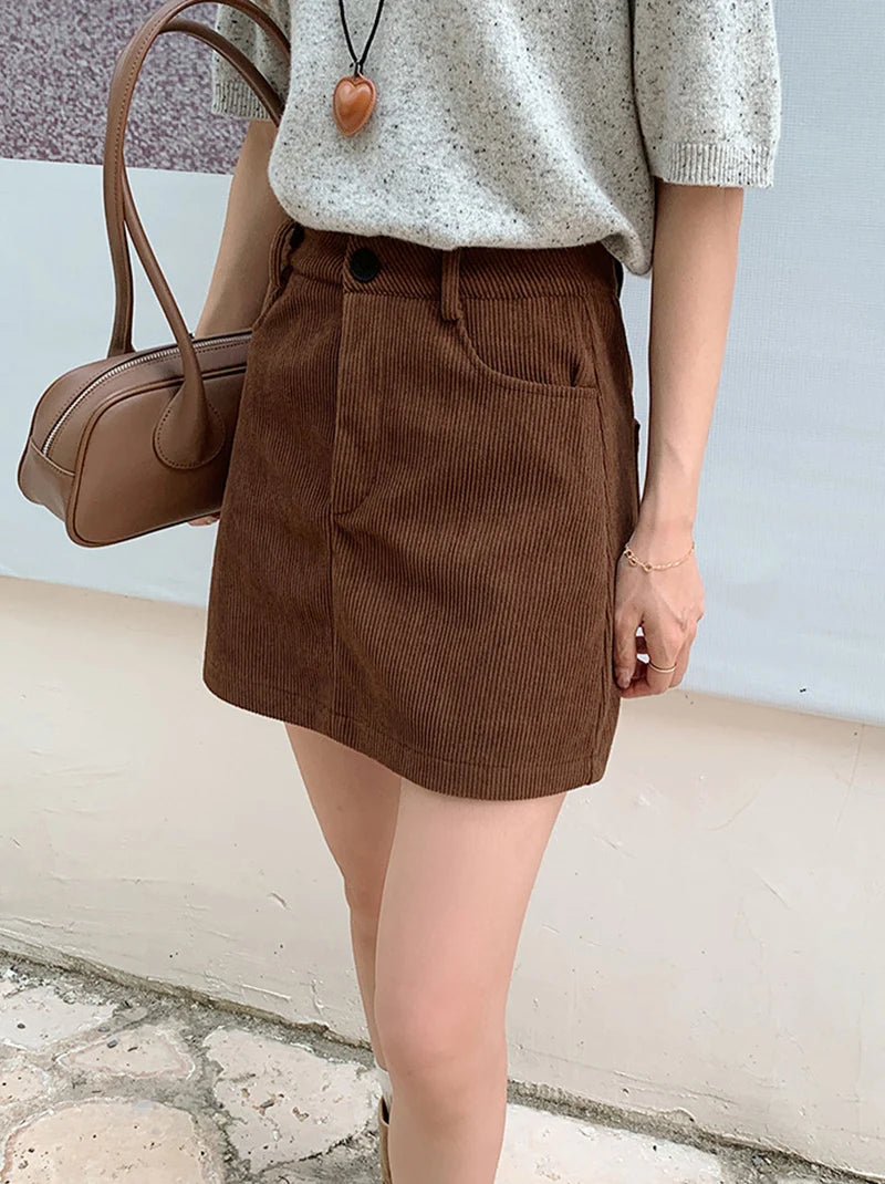 Korean Style High Waist Corduroy Mini Skirt - A-Line Vintage College Skirt with Pockets