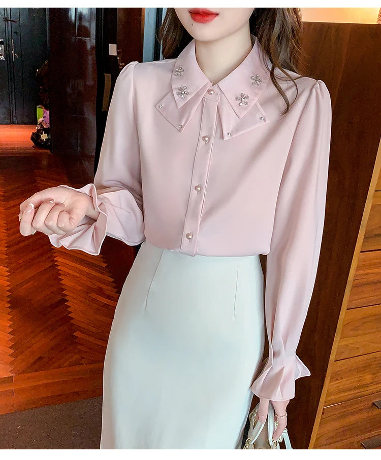 Korean Style Chiffon Blouse - Elegant Long Sleeve White Shirt for Women