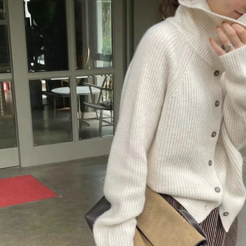 Korean Style Turtleneck Cardigan - Women's Chunky Knit Sweater
