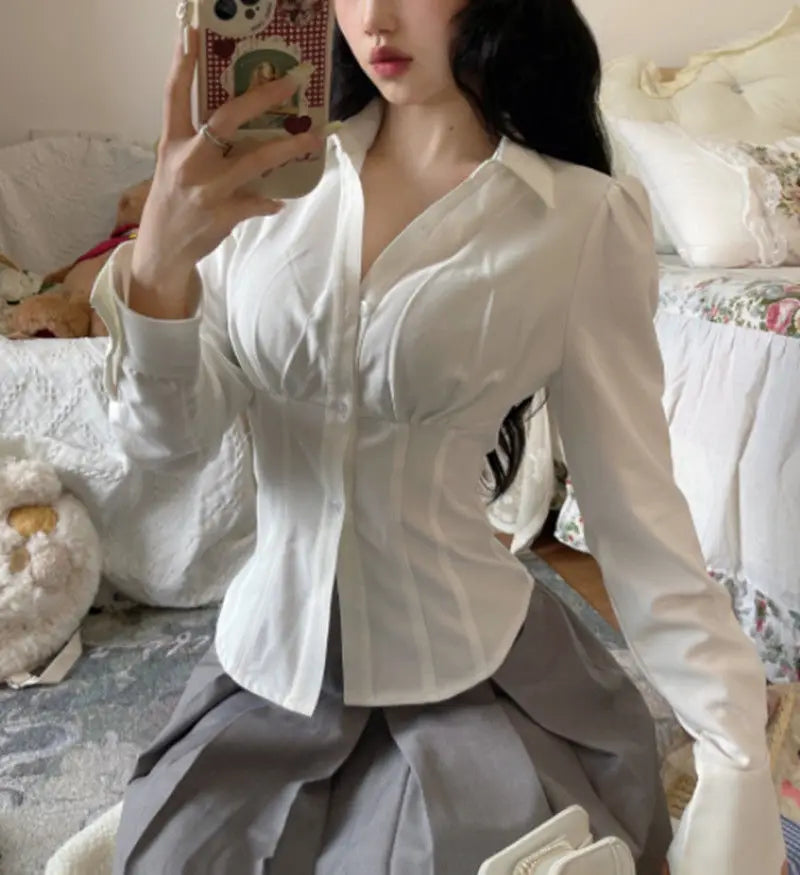 Korean Style White Shirt - Women's Slim Fit Long Sleeve Blouse
