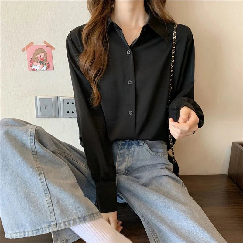 Korean Style White Chiffon Blouse - Elegant Long Sleeve Shirt for Women