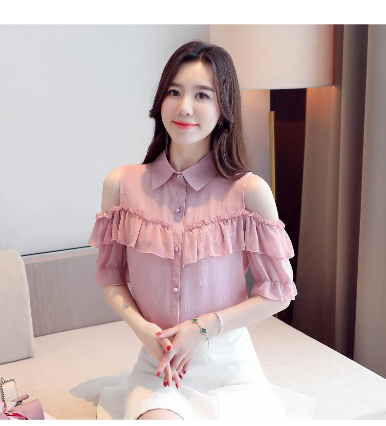 Korean Style Off-Shoulder Chiffon Blouse - Ruffle Sleeve Summer Top