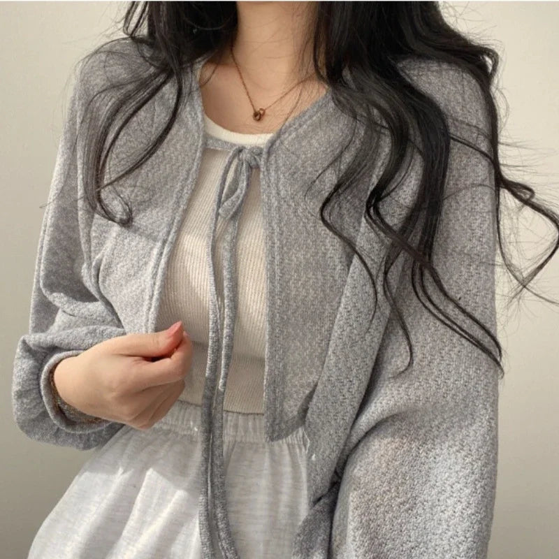 Korean Style White Cardigan - Women's Summer Lightweight Lace-Up Knitwear