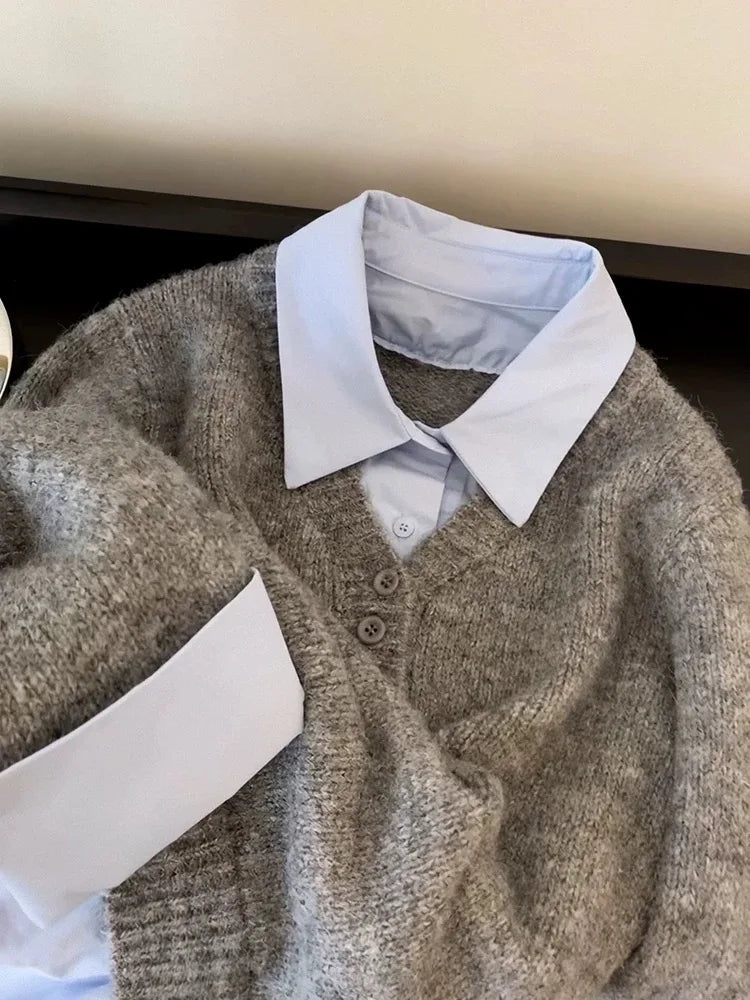 Korean Style Grey Blue Colour Block Knitted Sweater - Women's Turn-Down Collar Jumper