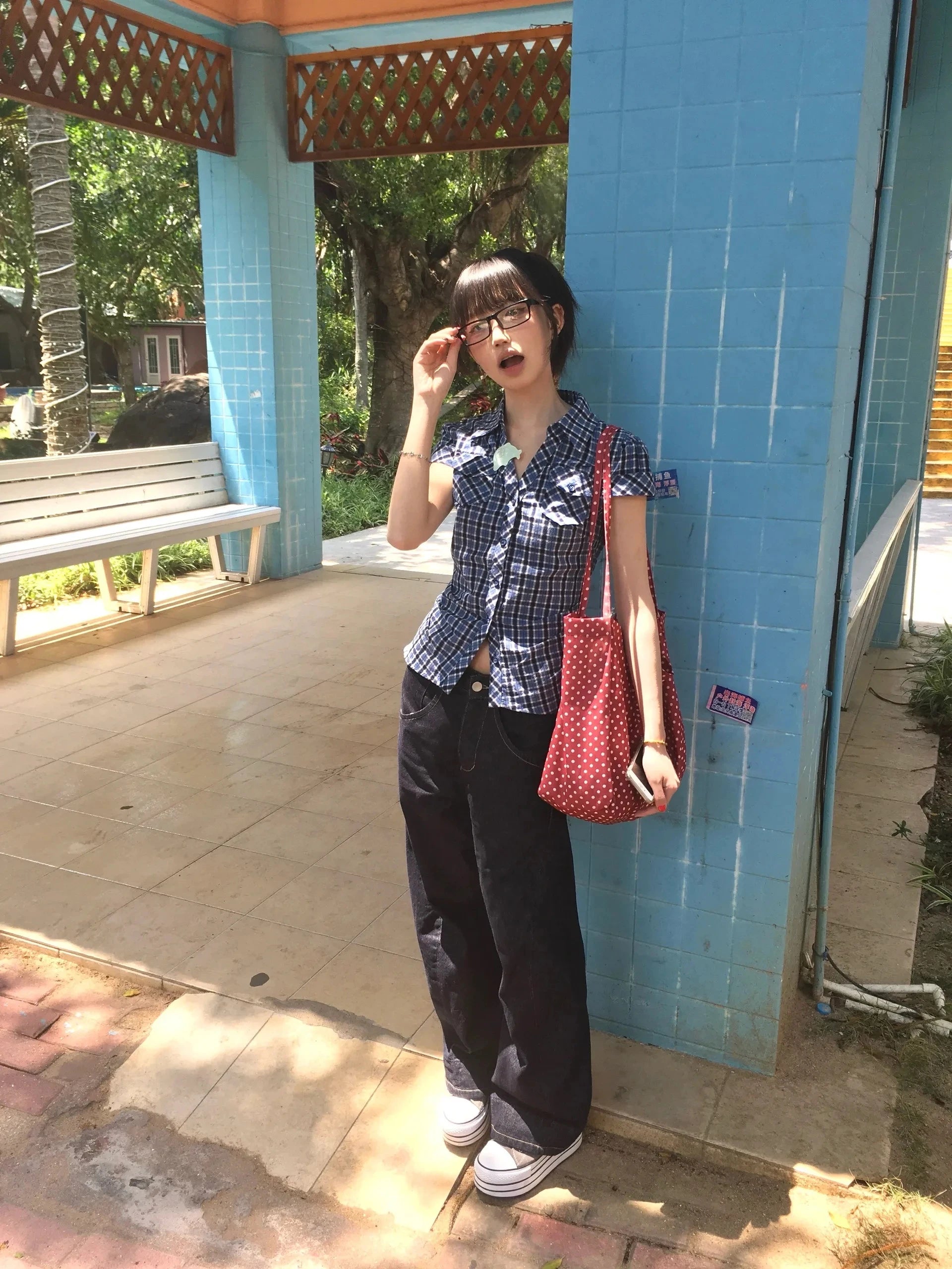 Korean Style Y2K Plaid Shirt - Women's Vintage Short Sleeve Blouse