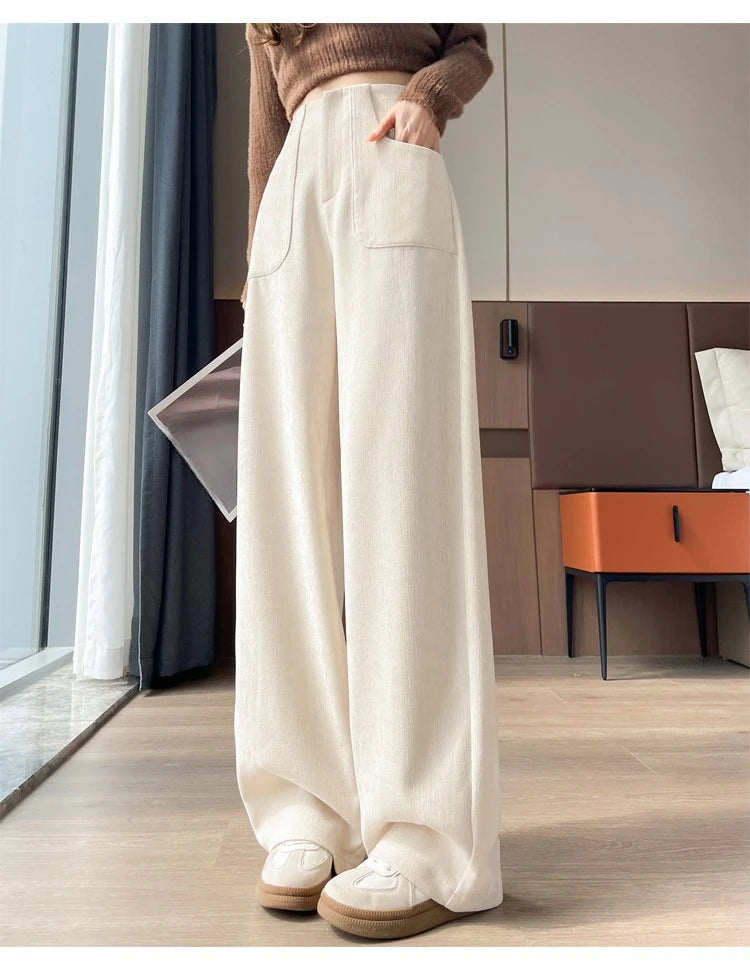 Korean Style High Waist Corduroy Wide Leg Trousers - Women's Vintage Casual Pants with Pockets