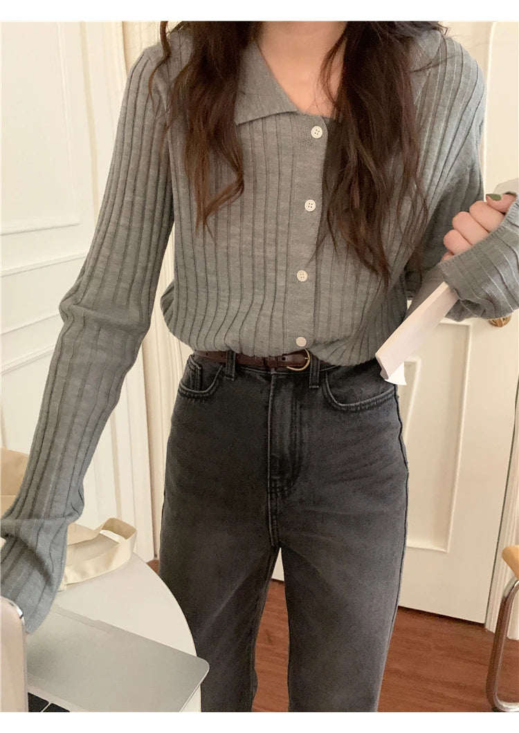 Korean Style Polo Collar Knit Cardigan - Women's Elegant Layering Sweater