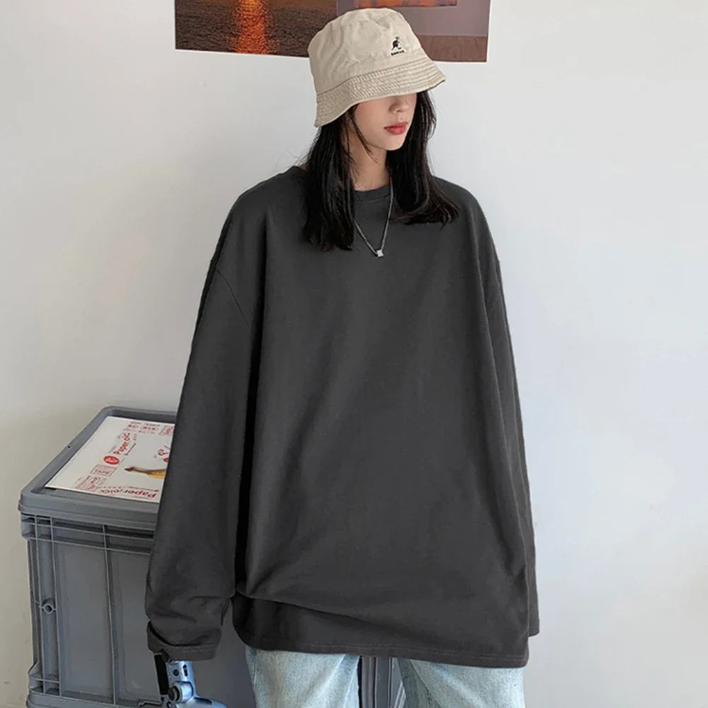 Korean Style Oversized Long Sleeve T-Shirt for Women - Casual Cotton Tee
