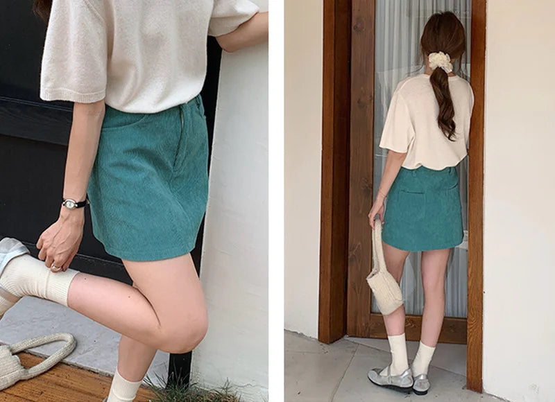 Korean Style High Waist Corduroy Mini Skirt - A-Line Vintage College Skirt with Pockets