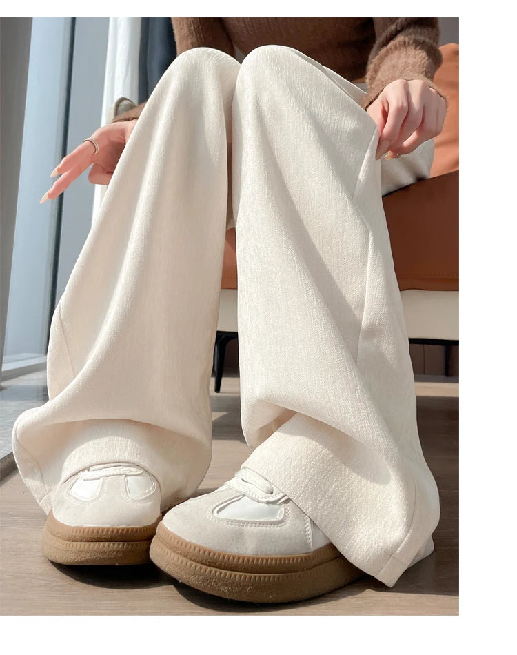Korean Style High Waist Corduroy Wide Leg Trousers - Women's Vintage Casual Pants with Pockets