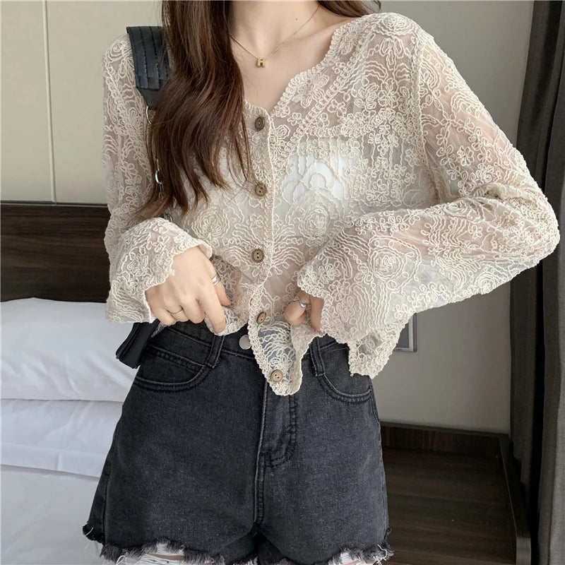 Korean Style Lace Blouse - Sheer Long Sleeve Summer Top