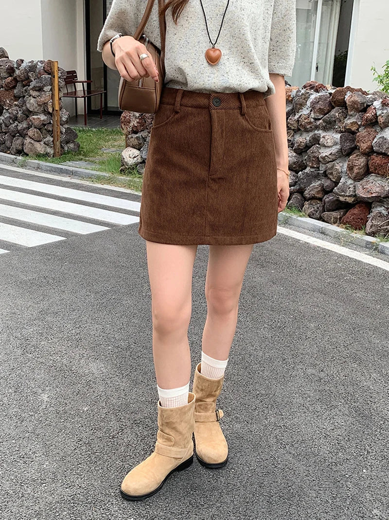 Korean Style High Waist Corduroy Mini Skirt - A-Line Vintage College Skirt with Pockets
