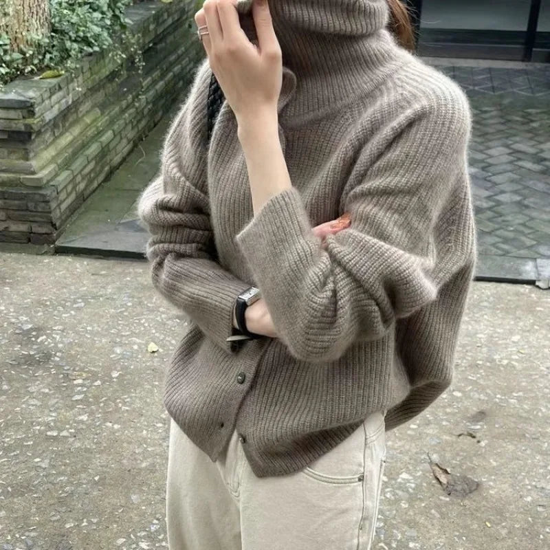 Korean Style Turtleneck Cardigan - Women's Chunky Knit Sweater