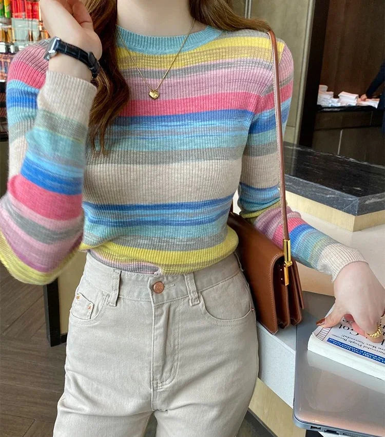 Korean Style Striped Long Sleeve Top - Women's Slim Fit T-Shirt