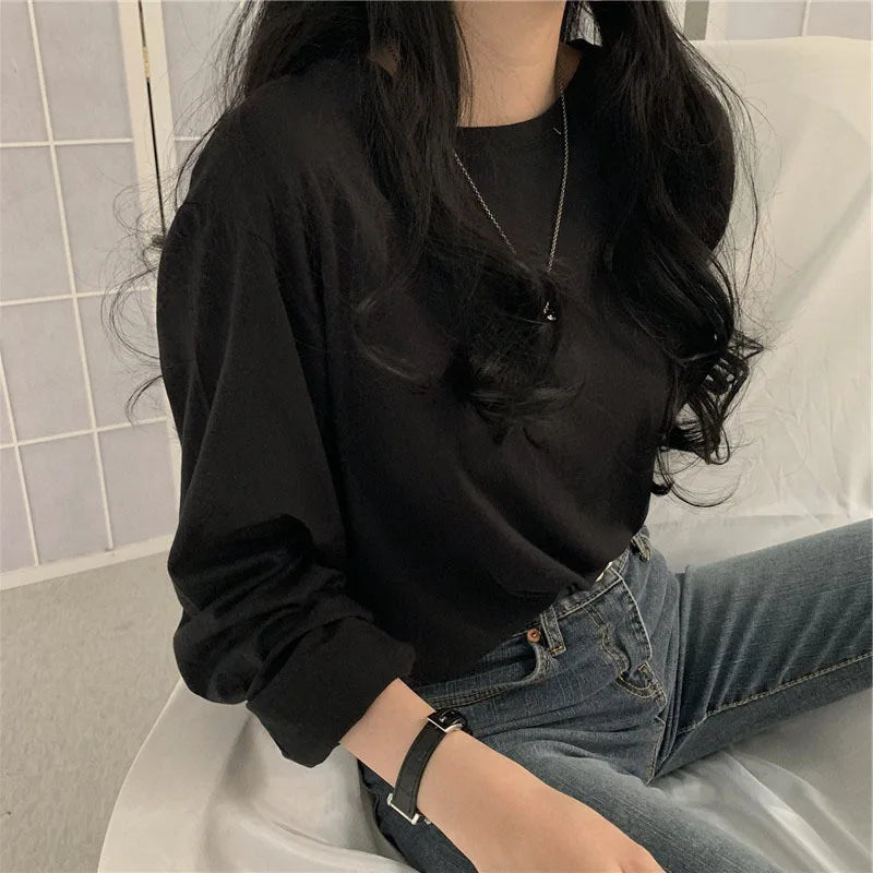 Korean Style Long Sleeve T-Shirt - Women's Loose Fit Basic Top