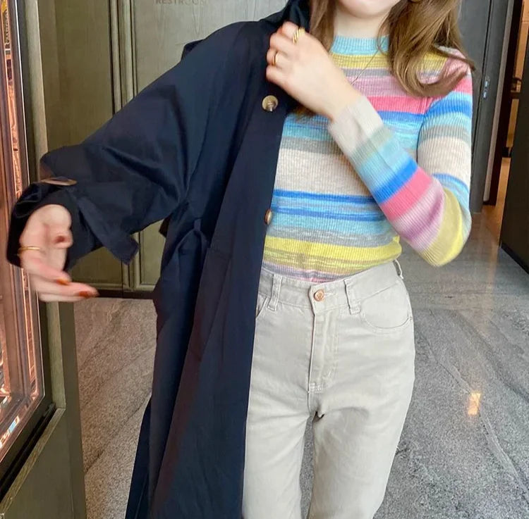 Korean Style Striped Long Sleeve Top - Women's Slim Fit T-Shirt