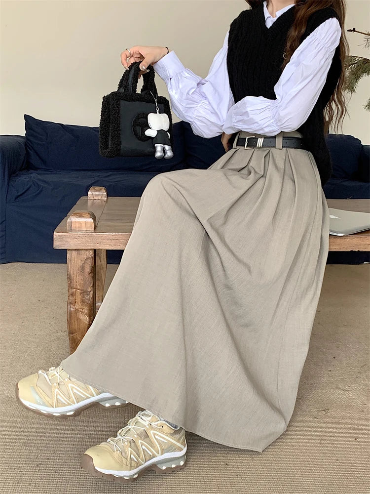 Korean Style Pleated Midi Skirt - A-Line High Waist Swing Skirt for Women