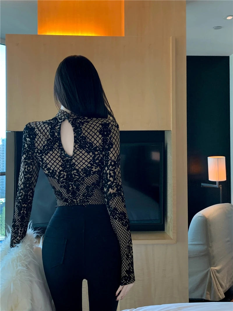 Korean Style Mesh Bodysuit - Long Sleeve Backless Body Top
