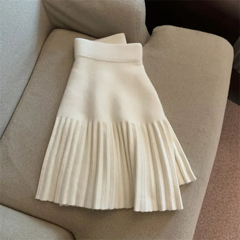 Korean Style Pleated Knit Mini Skirt - High Waist A-Line Skirt for Women