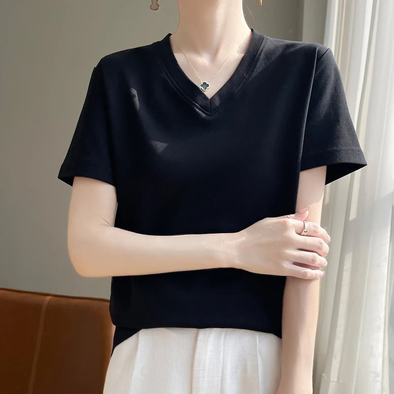 Korean Style V-Neck Cotton T-Shirt - Women's Relaxed Fit Short Sleeve Top