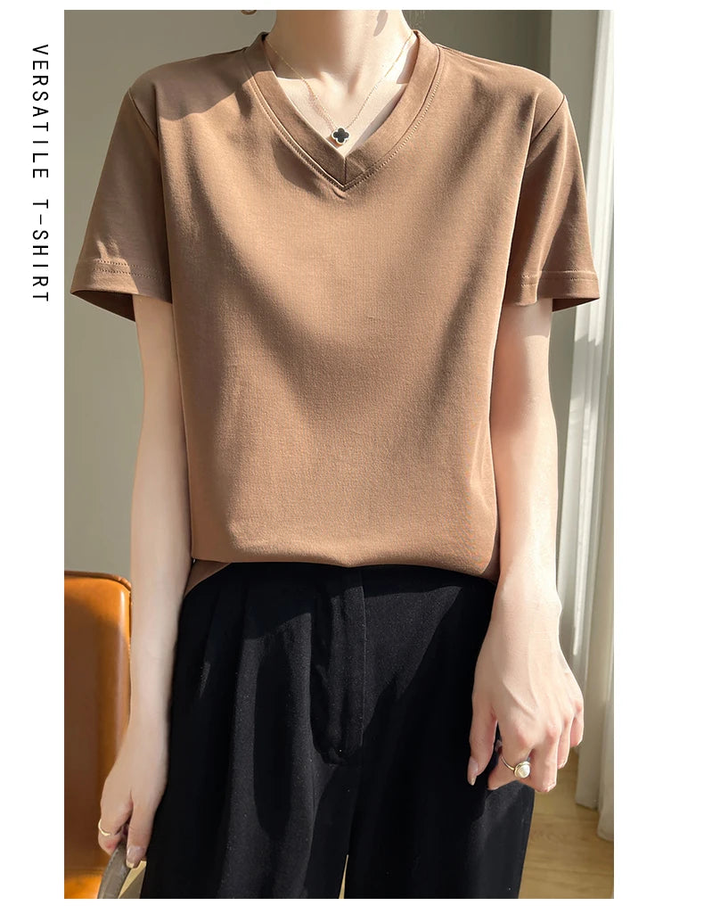 Korean Style V-Neck Cotton T-Shirt - Women's Relaxed Fit Short Sleeve Top