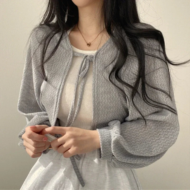 Korean Style White Cardigan - Women's Summer Lightweight Lace-Up Knitwear