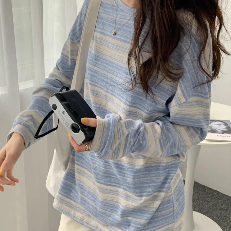 Korean Style Vintage Striped Long Sleeve T-Shirt - Women's Loose Fit Top