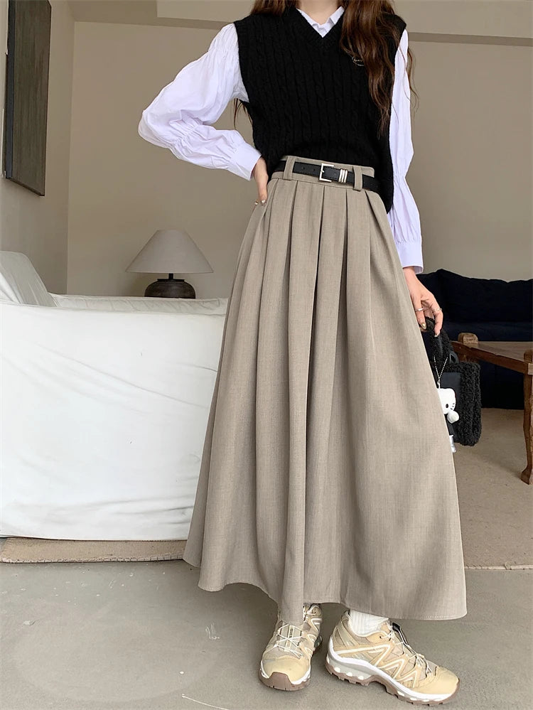 Korean Style Pleated Midi Skirt - A-Line High Waist Swing Skirt for Women