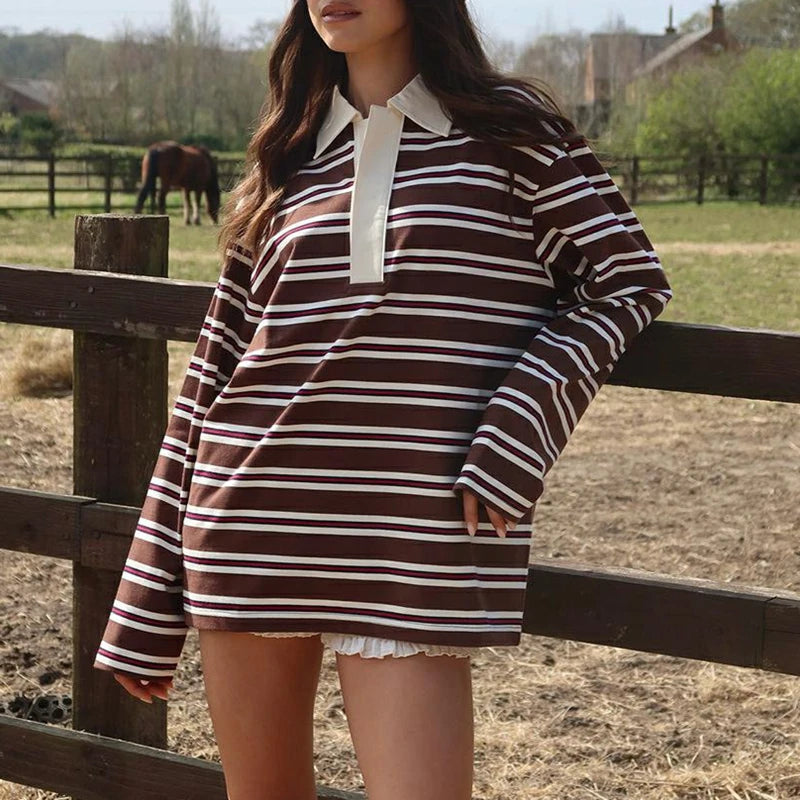 Korean Style Striped V-Neck Sweatshirt - Women's Vintage Y2K Button Pullover Top