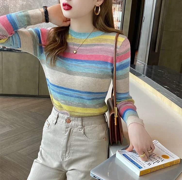 Korean Style Striped Long Sleeve Top - Women's Slim Fit T-Shirt