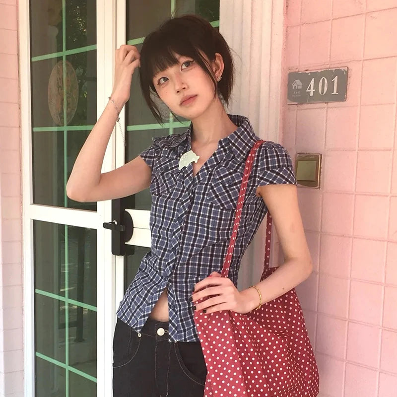 Korean Style Y2K Plaid Shirt - Women's Vintage Short Sleeve Blouse