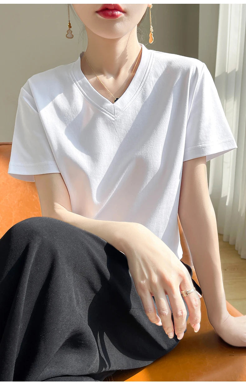 Korean Style V-Neck Cotton T-Shirt - Women's Relaxed Fit Short Sleeve Top