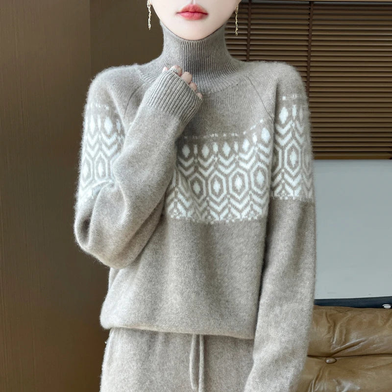 Korean Style Merino Wool High Neck Jumper - Women's Autumn Winter Pullover