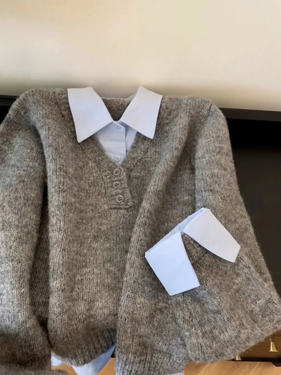 Korean Style Grey Blue Colour Block Knitted Sweater - Women's Turn-Down Collar Jumper