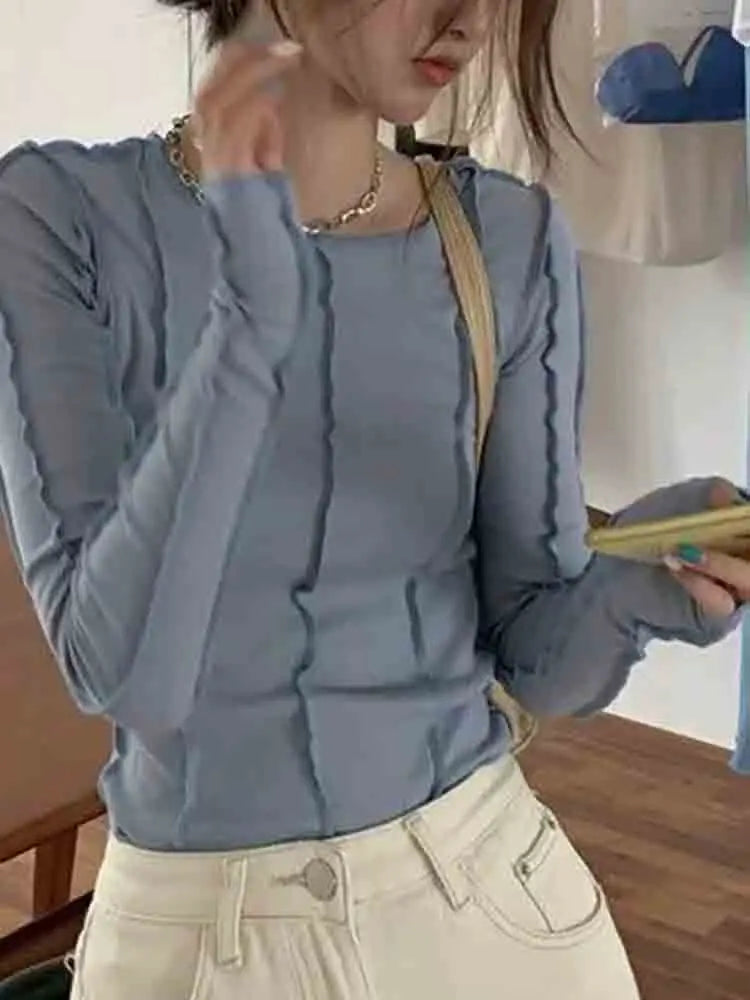 Korean Style Long Sleeve Top - Slim Fit with Contrast Line Detail