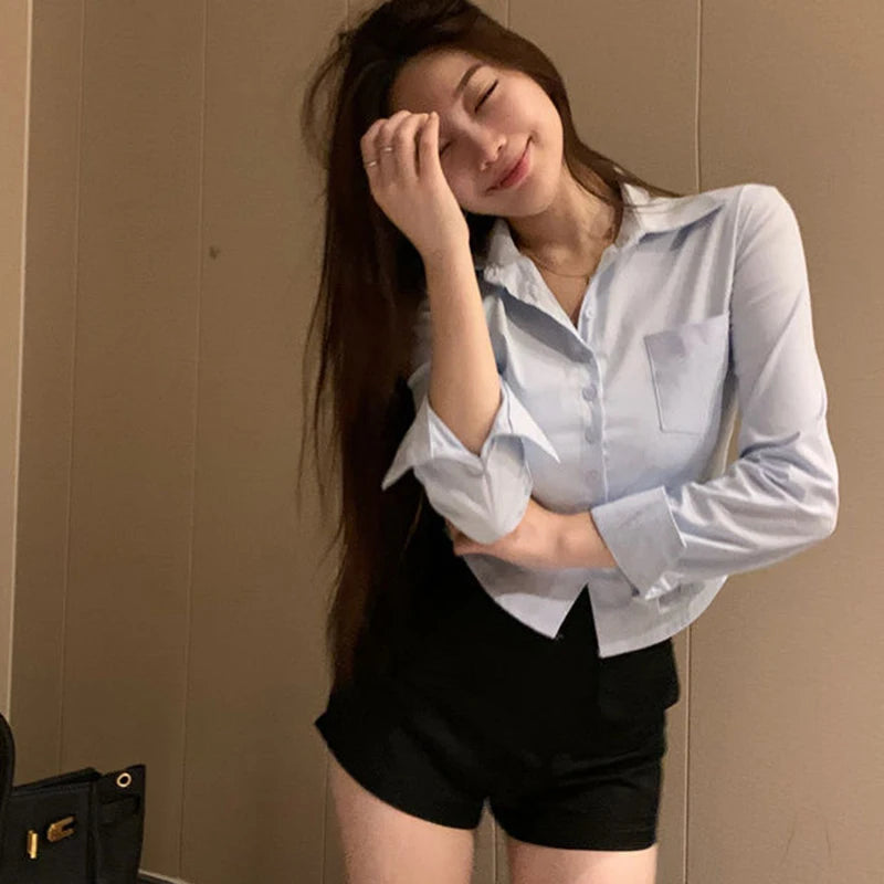 Korean Style Women's Slim Fit Cropped Blouse - Elegant Y2K Streetwear Shirt