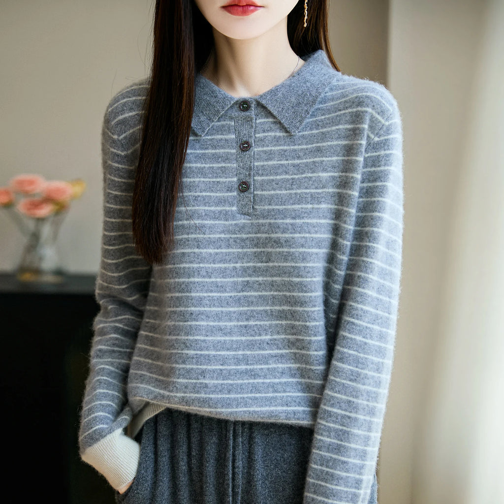 Korean Style Wool Polo Neck Jumper - Striped Knit Pullover for Women
