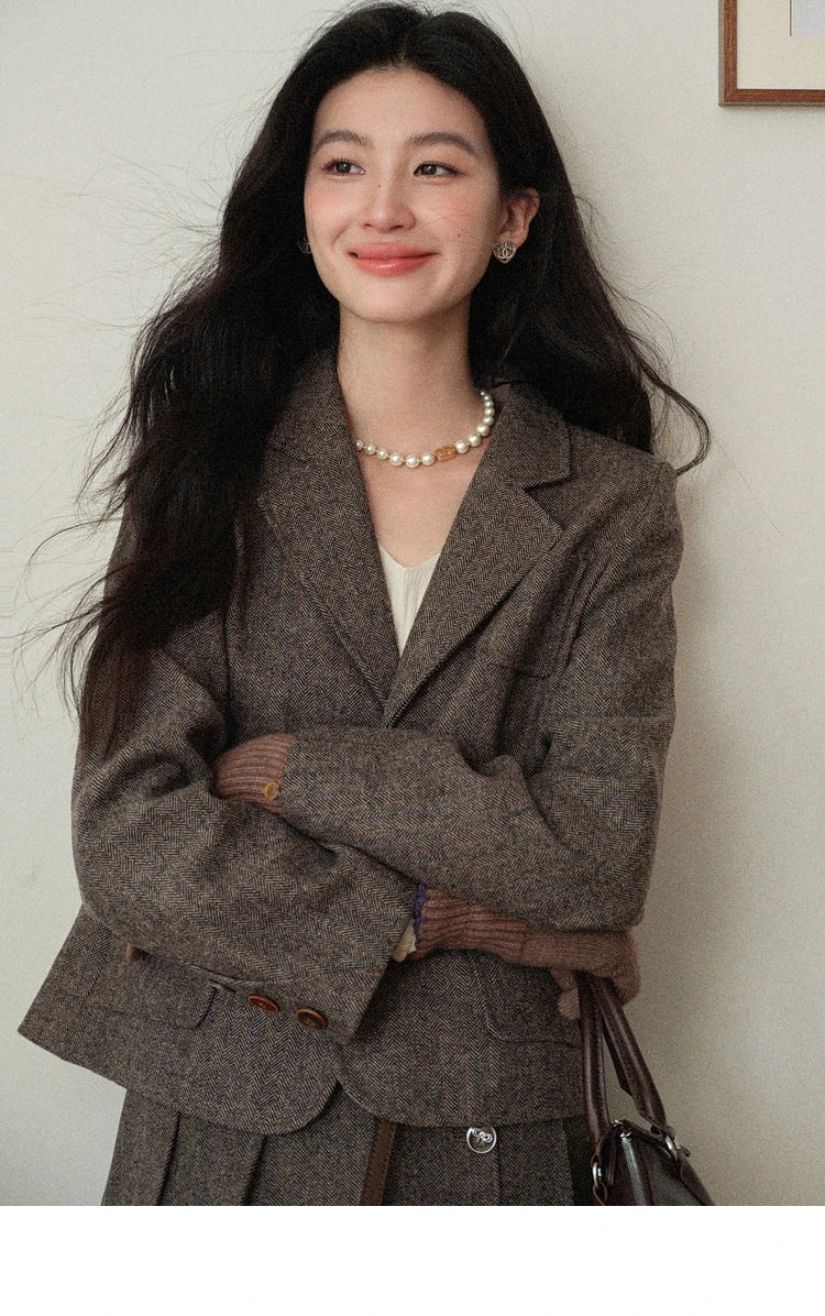 Korean Style Pleated Wool Skirt - Elegant High-Waist A-Line Midi Skirt for Women